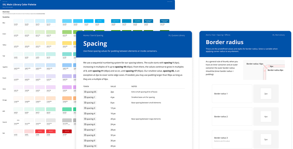 Foundational standards pages for the color palette, spacing, and border radius in IXL's central library